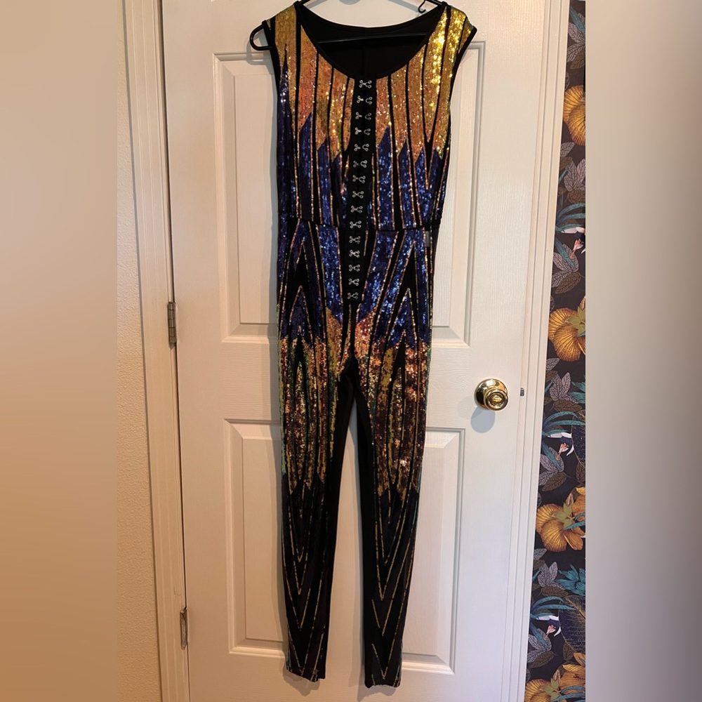 Glamorous Sequin Jumpsuit in Gold and Blue